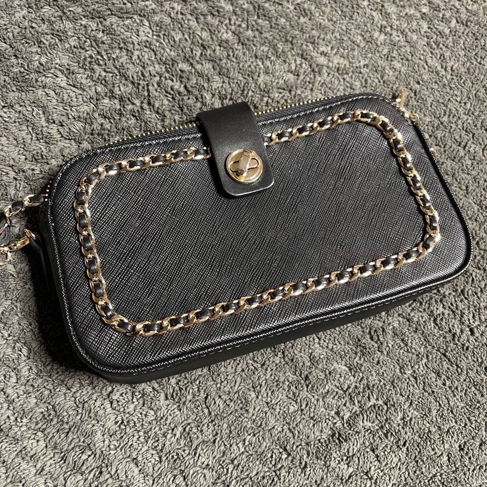 Zara Black Crossbody with Gold Chain Trim